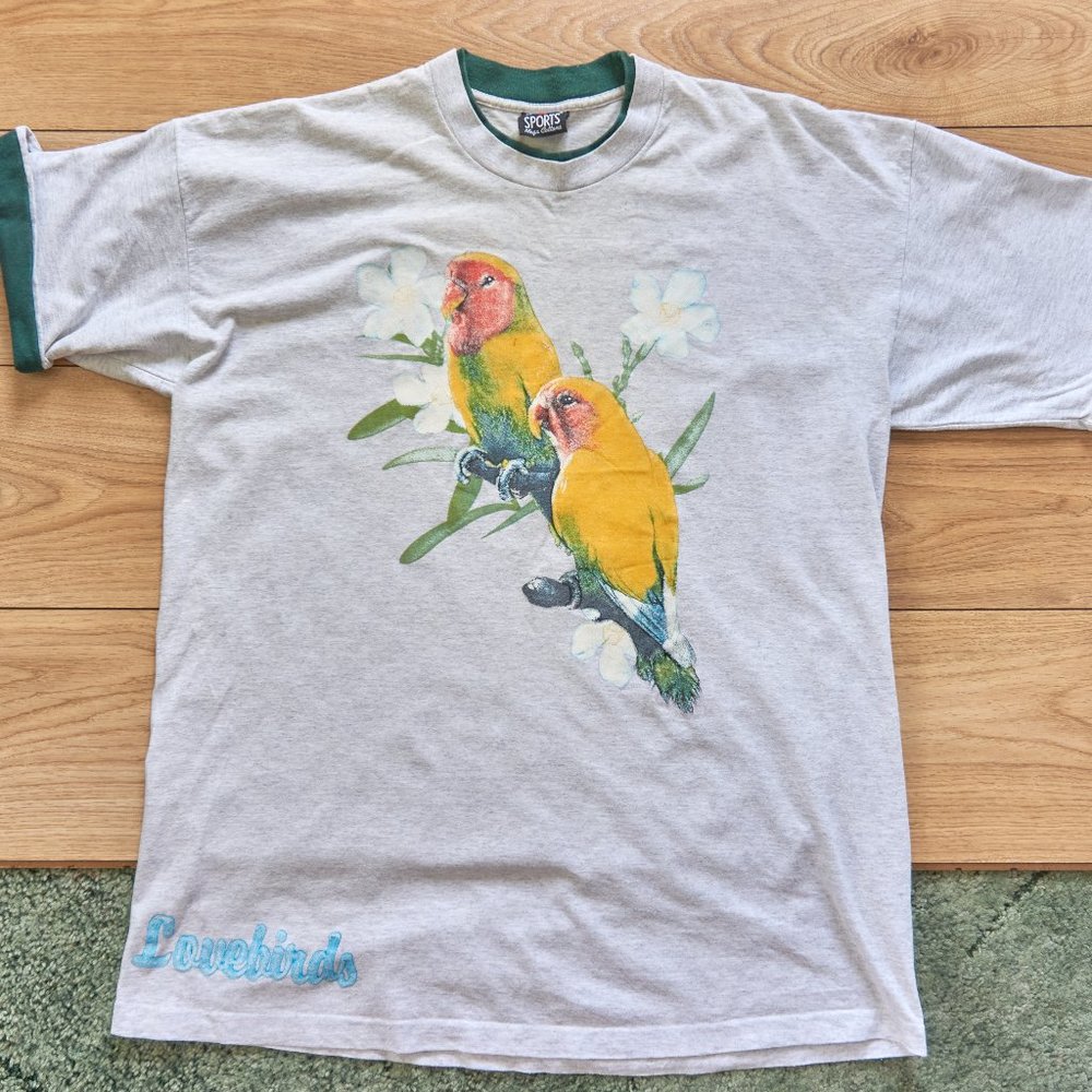 Vintage Key West Lovebirds Men's Gray Parrots T Shirt, Single Stitch, Size XL